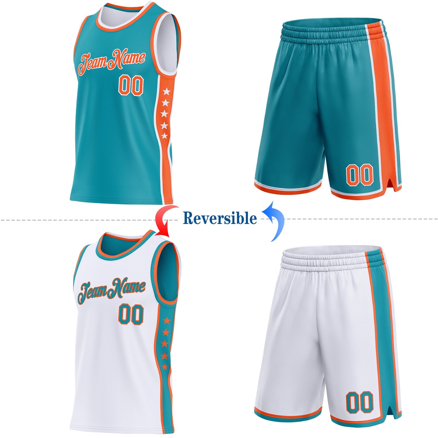 Custom Reversible Teal Orange-White Double Side Star Sublimation Basketball Set Jersey