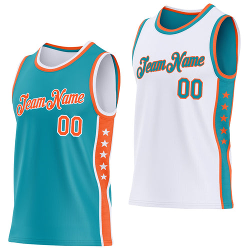Custom Reversible Teal Orange-White Double Side Star Sublimation Basketball Set Jersey