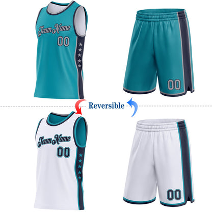 Custom Reversible Teal Gray-Navy Double Side Star Sublimation Basketball Set Jersey