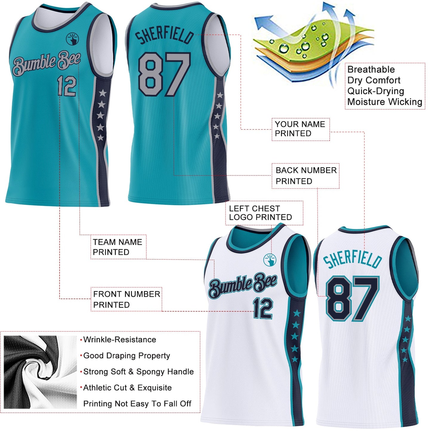 Custom Reversible Teal Gray-Navy Double Side Star Sublimation Basketball Set Jersey