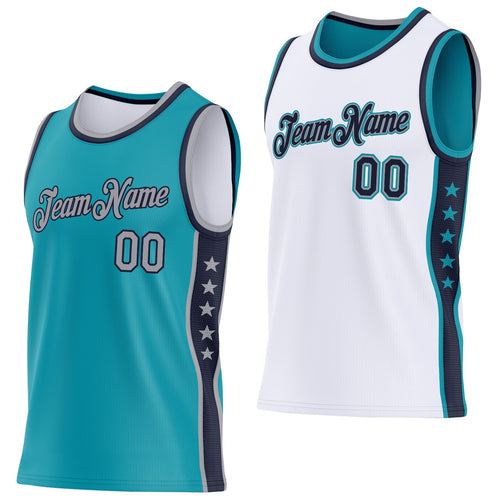 Custom Reversible Teal Gray-Navy Double Side Star Sublimation Basketball Set Jersey