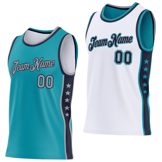 Custom Reversible Teal Gray-Navy Double Side Star Sublimation Basketball Set Jersey