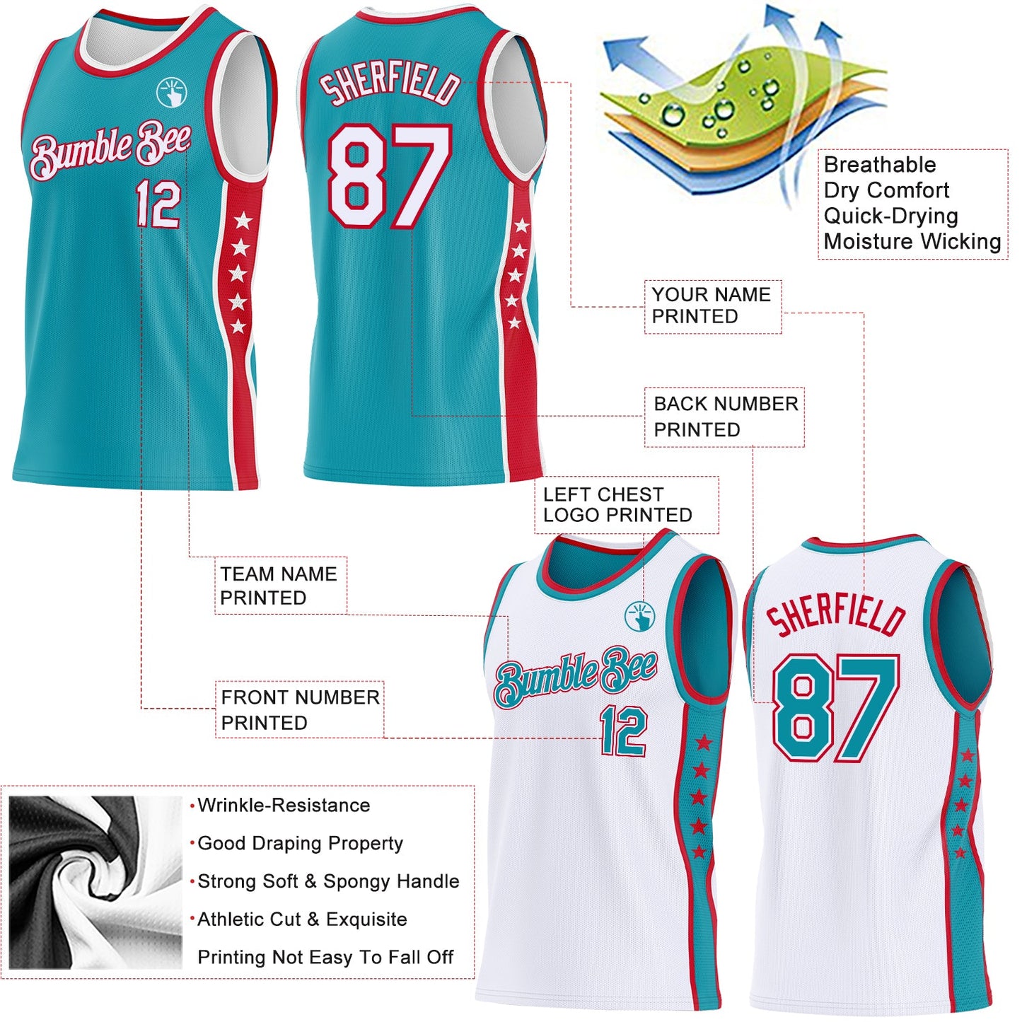 Custom Reversible Teal White-Red Double Side Star Sublimation Basketball Set Jersey