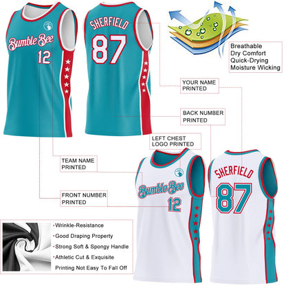 Custom Reversible Teal White-Red Double Side Star Sublimation Basketball Set Jersey