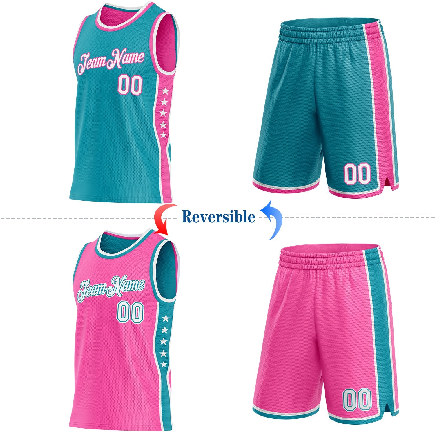 Custom Reversible Teal White-Pink Double Side Star Sublimation Basketball Set Jersey