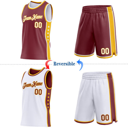 Custom Reversible Burgundy White-Gold Double Side Star Sublimation Basketball Set Jersey