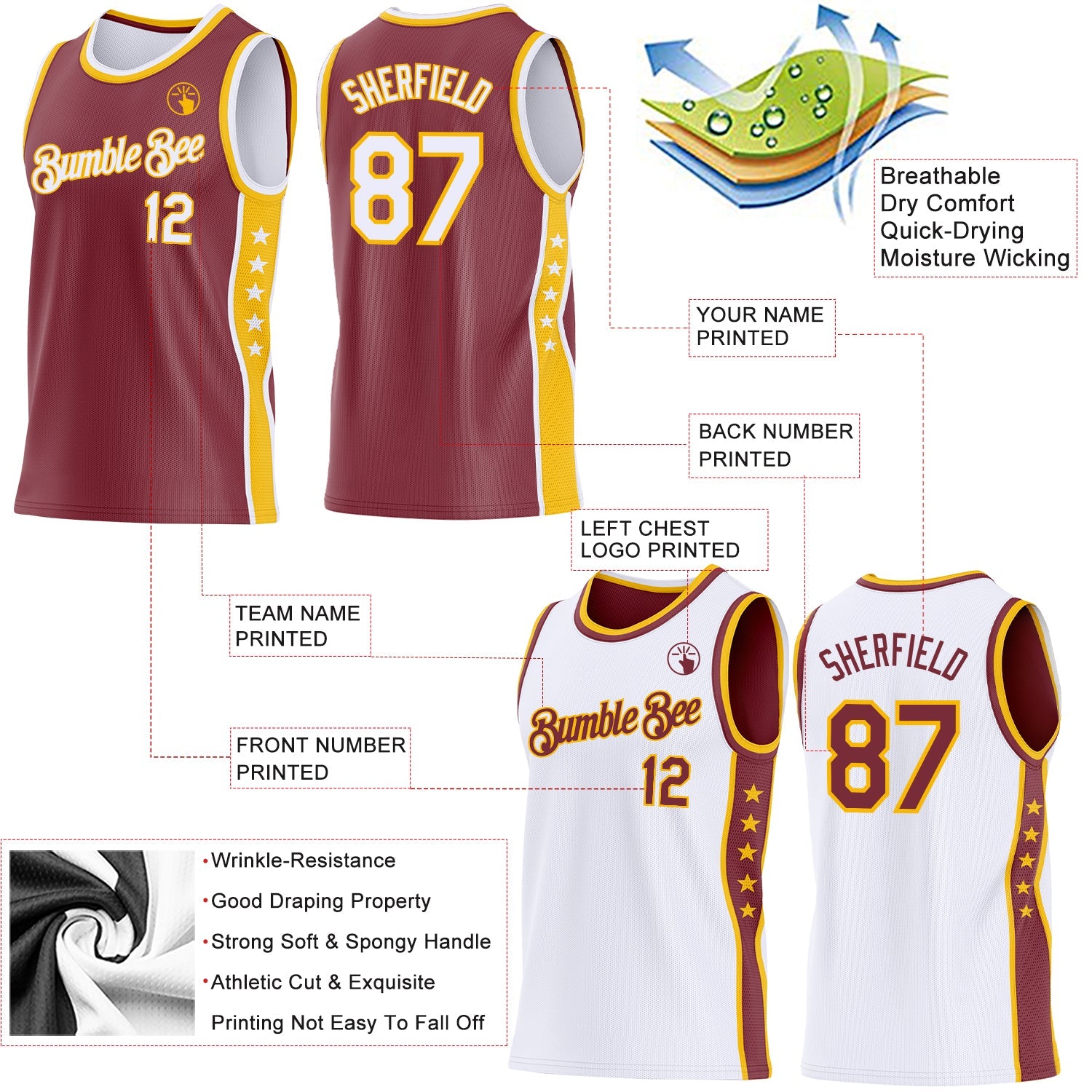 Custom Reversible Burgundy White-Gold Double Side Star Sublimation Basketball Set Jersey