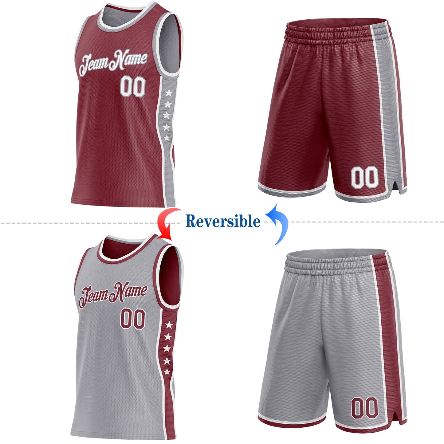 Custom Reversible Burgundy White-Gray Double Side Star Sublimation Basketball Set Jersey