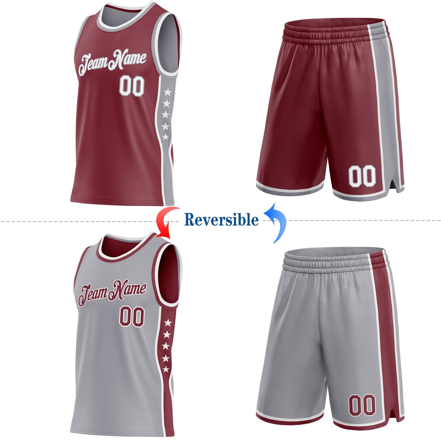 Custom Reversible Burgundy White-Gray Double Side Star Sublimation Basketball Set Jersey