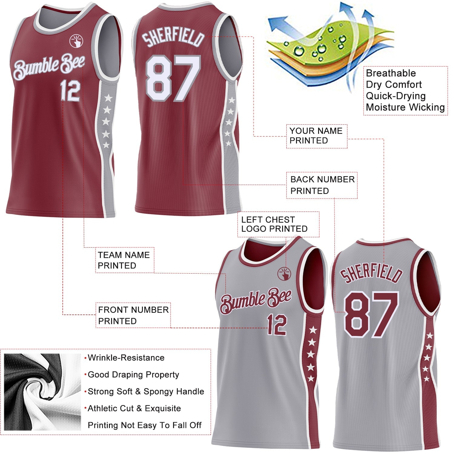 Custom Reversible Burgundy White-Gray Double Side Star Sublimation Basketball Set Jersey