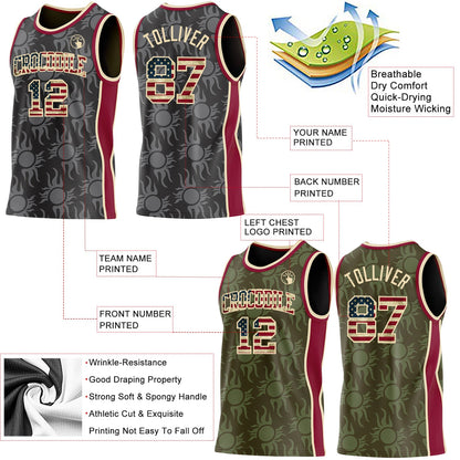 Custom Black(Olive) Vintage USA Flag Cream-Maroon Side Panel Stripe Sun Flame Reversible Double Side Sublimation Basketball Set Jersey