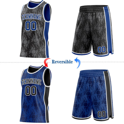Custom Black Royal-White Side Panel Stripe Sun Flame Reversible Double Side Sublimation Basketball Set Jersey