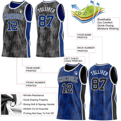 Custom Black Royal-White Side Panel Stripe Sun Flame Reversible Double Side Sublimation Basketball Set Jersey