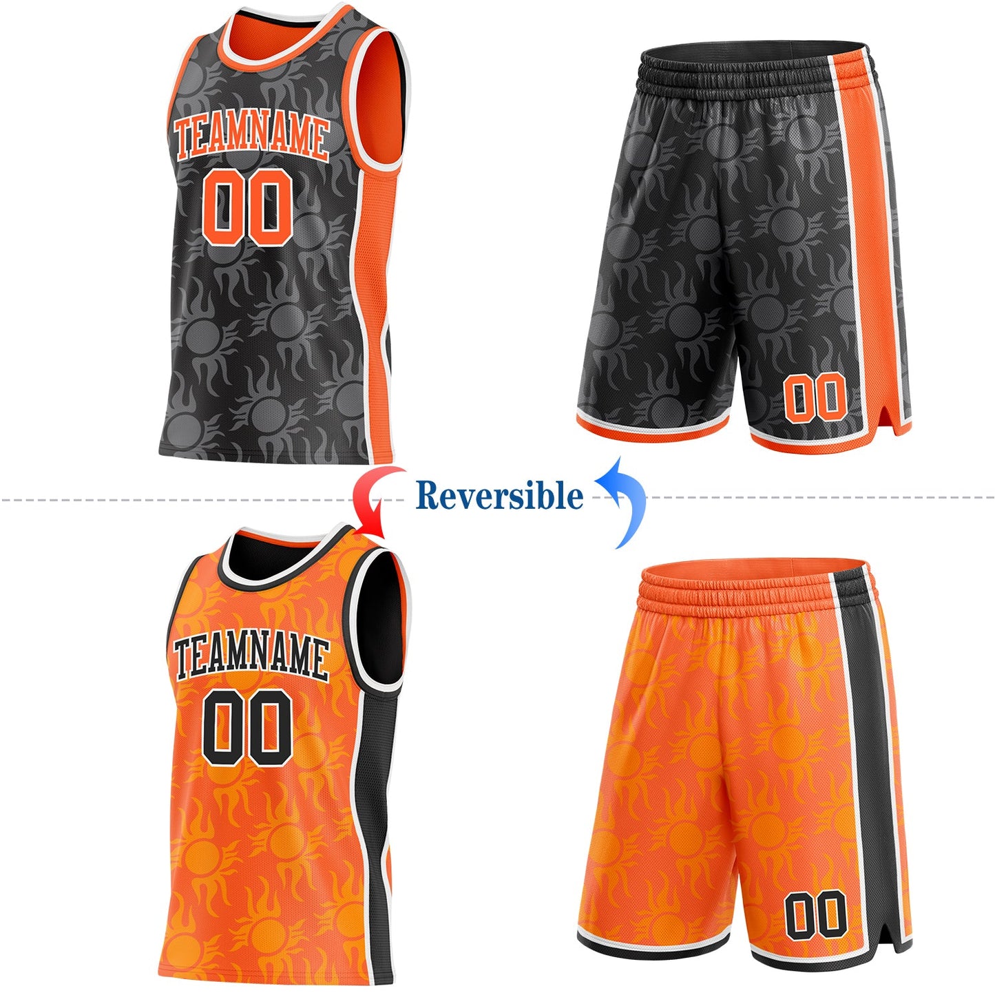 Custom Black Orange-White Side Panel Stripe Sun Flame Reversible Double Side Sublimation Basketball Set Jersey