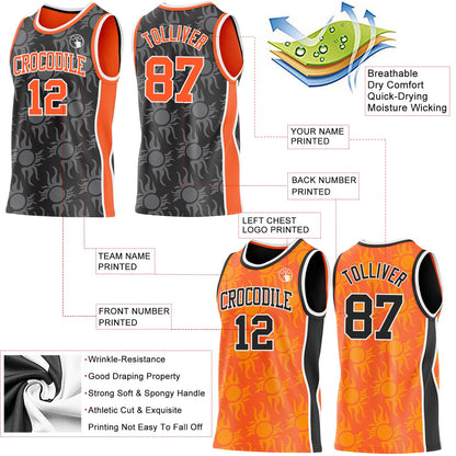 Custom Black Orange-White Side Panel Stripe Sun Flame Reversible Double Side Sublimation Basketball Set Jersey