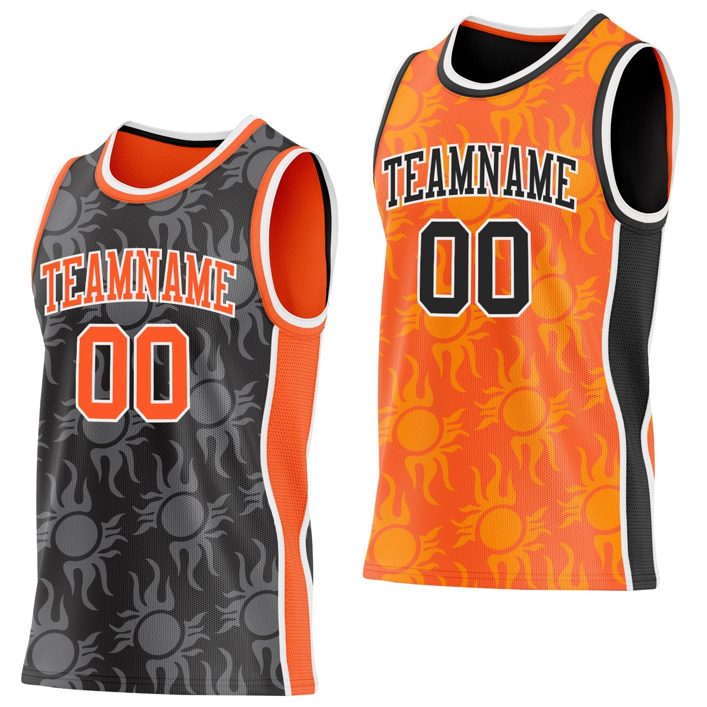 Custom Black Orange-White Side Panel Stripe Sun Flame Reversible Double Side Sublimation Basketball Set Jersey