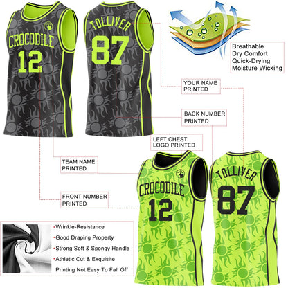 Custom Black-Neon Green Side Panel Stripe Sun Flame Reversible Double Side Sublimation Basketball Set Jersey