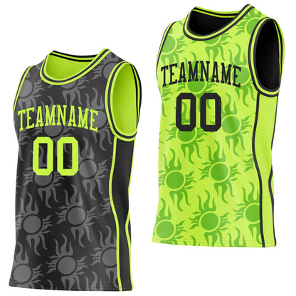 Custom Black-Neon Green Side Panel Stripe Sun Flame Reversible Double Side Sublimation Basketball Set Jersey