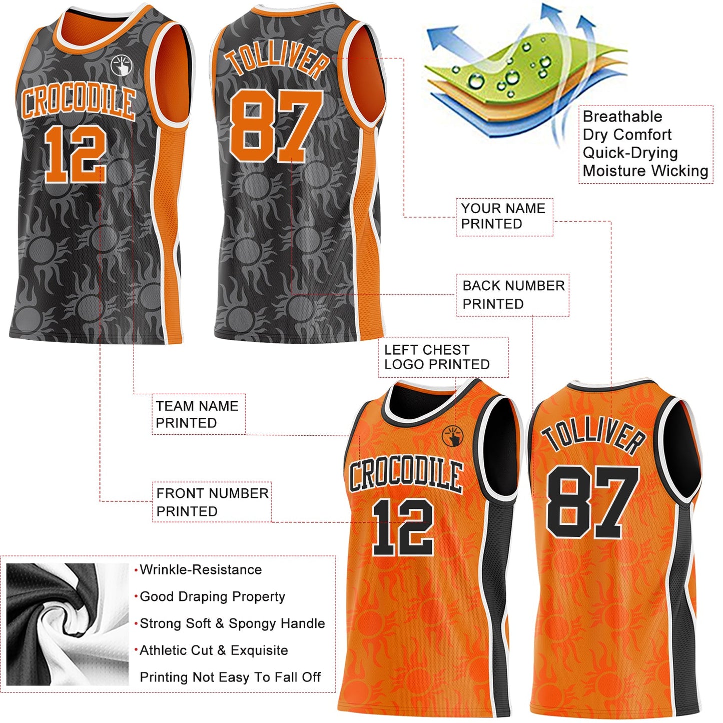 Custom Black Bay Orange-White Side Panel Stripe Sun Flame Reversible Double Side Sublimation Basketball Set Jersey