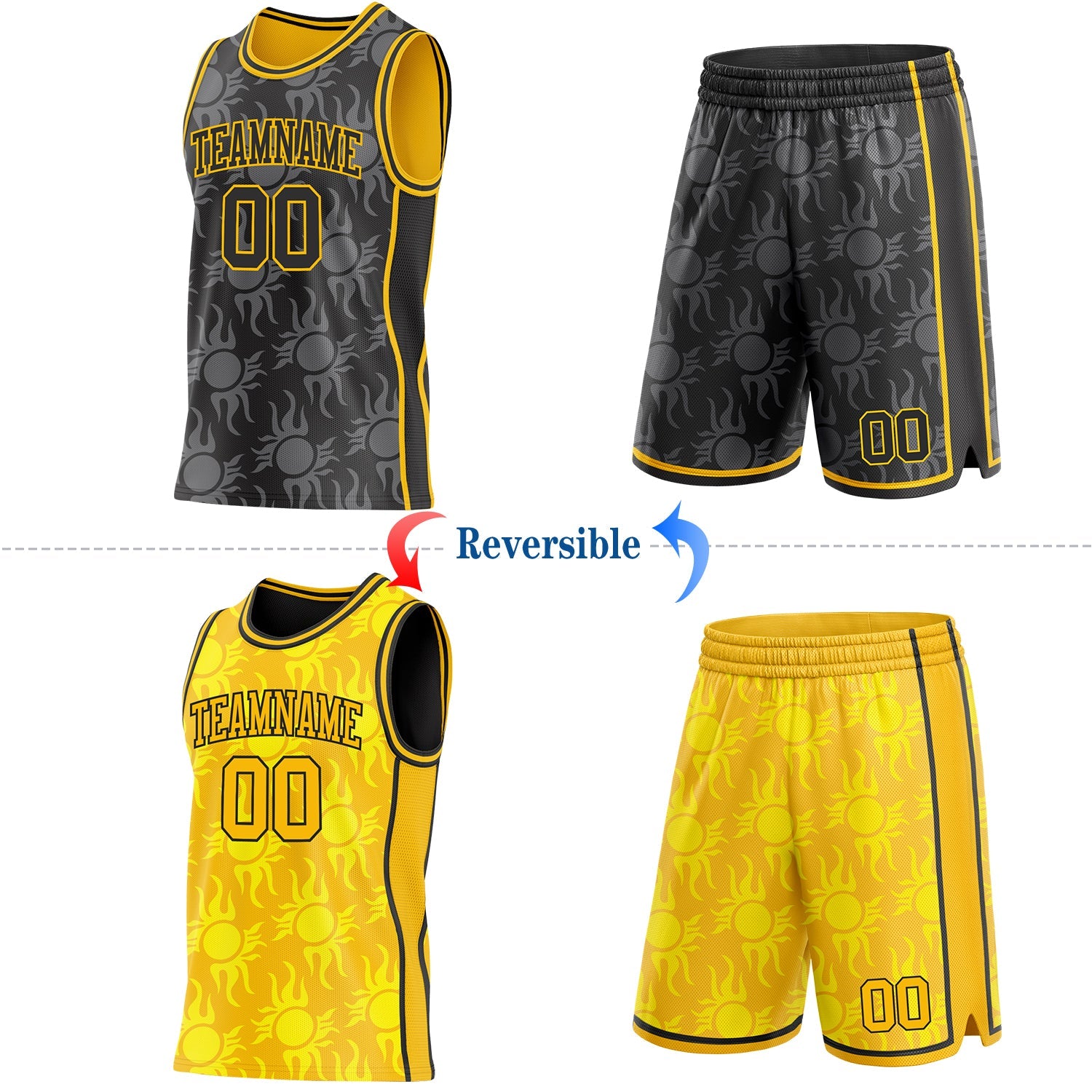 Custom Black-Gold Side Panel Stripe Sun Flame Reversible Double Side Sublimation Basketball Set Jersey