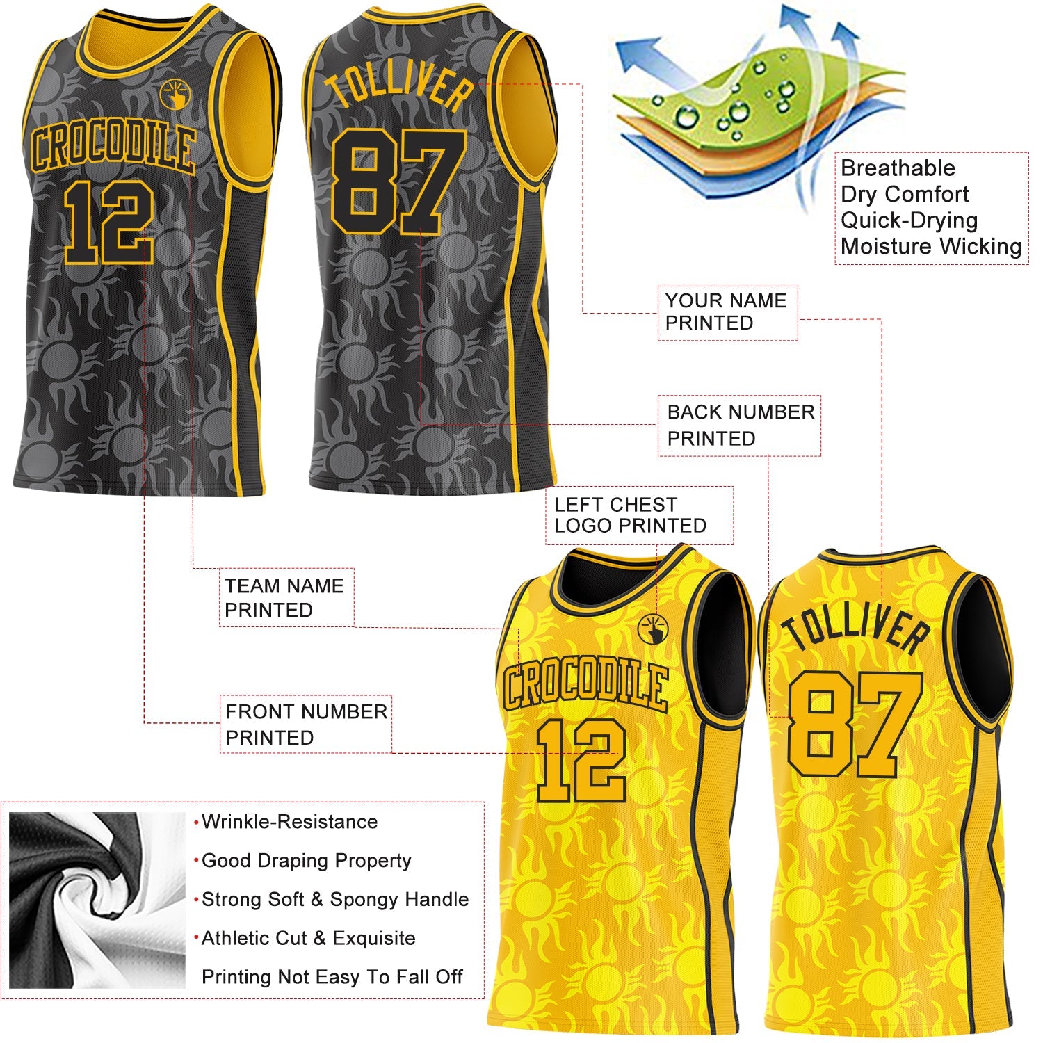 Custom Black-Gold Side Panel Stripe Sun Flame Reversible Double Side Sublimation Basketball Set Jersey
