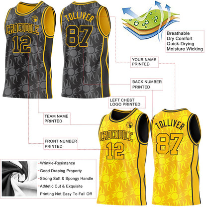 Custom Black-Gold Side Panel Stripe Sun Flame Reversible Double Side Sublimation Basketball Set Jersey