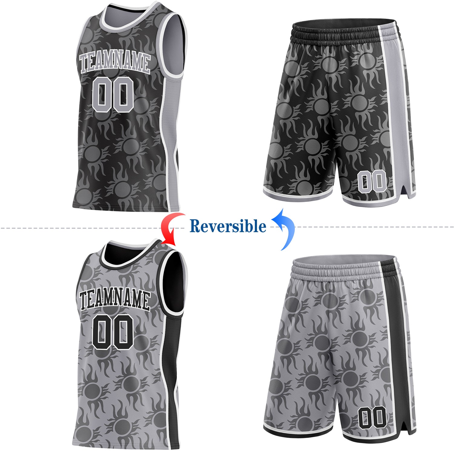 Custom Black Gray-White Side Panel Stripe Sun Flame Reversible Double Side Sublimation Basketball Set Jersey