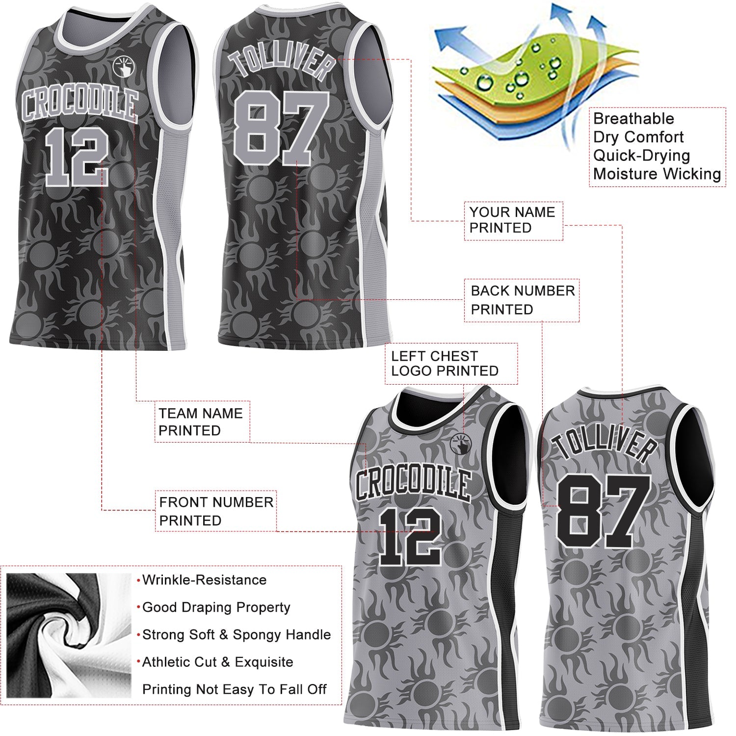 Custom Black Gray-White Side Panel Stripe Sun Flame Reversible Double Side Sublimation Basketball Set Jersey