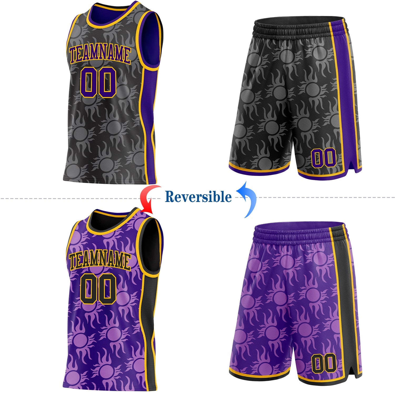 Custom Black Purple-Gold Side Panel Stripe Sun Flame Reversible Double Side Sublimation Basketball Set Jersey