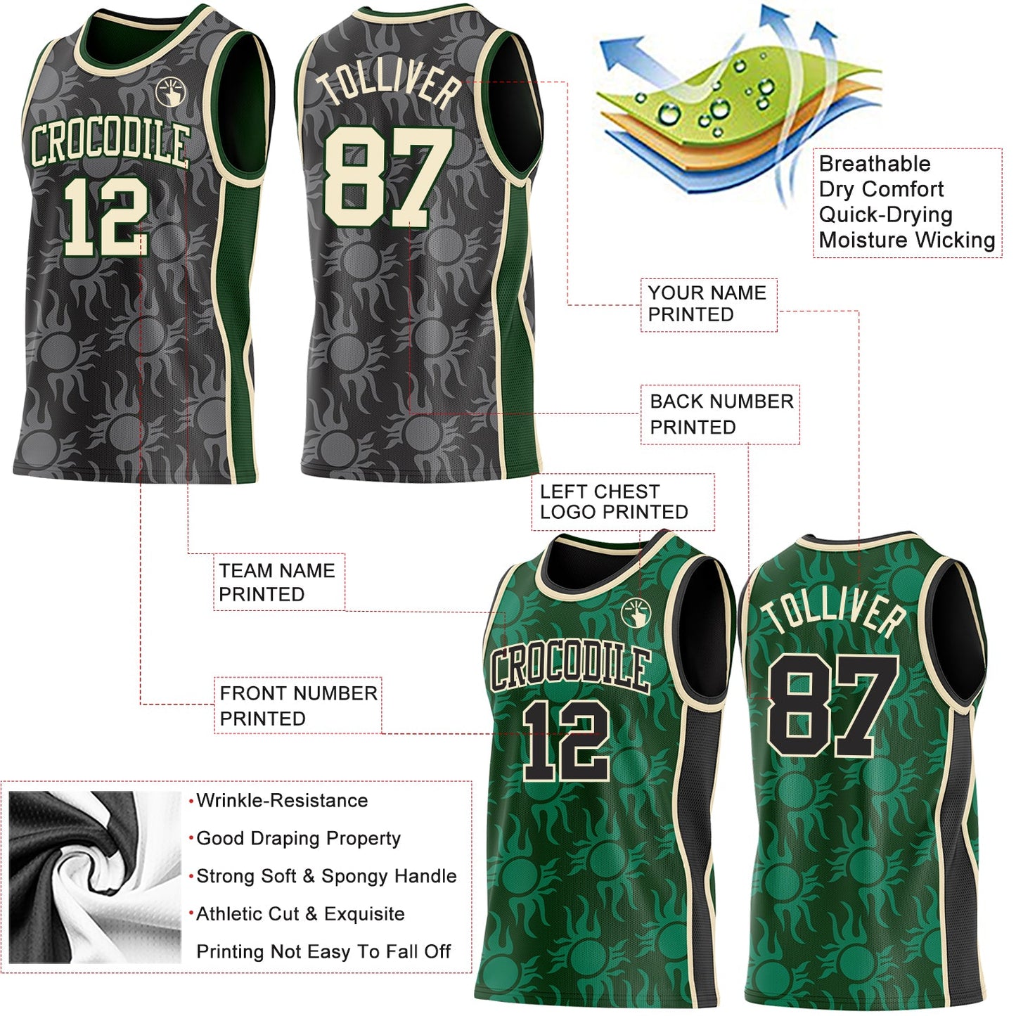 Custom Black Cream-Green Side Panel Stripe Sun Flame Reversible Double Side Sublimation Basketball Set Jersey