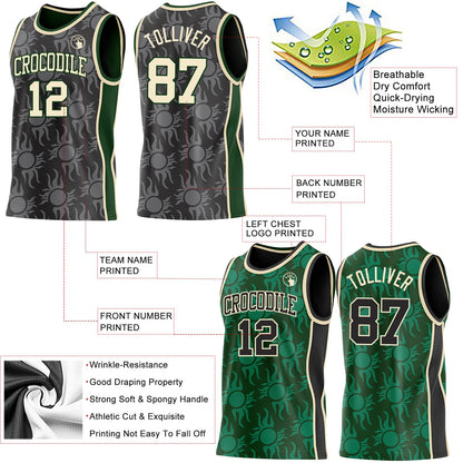Custom Black Cream-Green Side Panel Stripe Sun Flame Reversible Double Side Sublimation Basketball Set Jersey