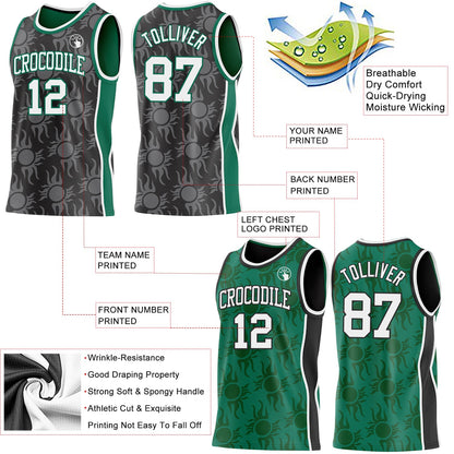 Custom Black White-Kelly Green Side Panel Stripe Sun Flame Reversible Double Side Sublimation Basketball Set Jersey