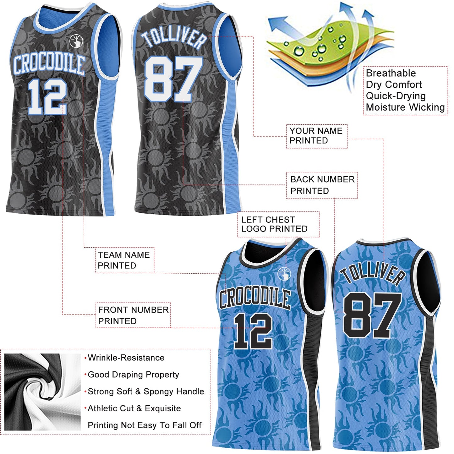 Custom Black White-Light Blue Side Panel Stripe Sun Flame Reversible Double Side Sublimation Basketball Set Jersey