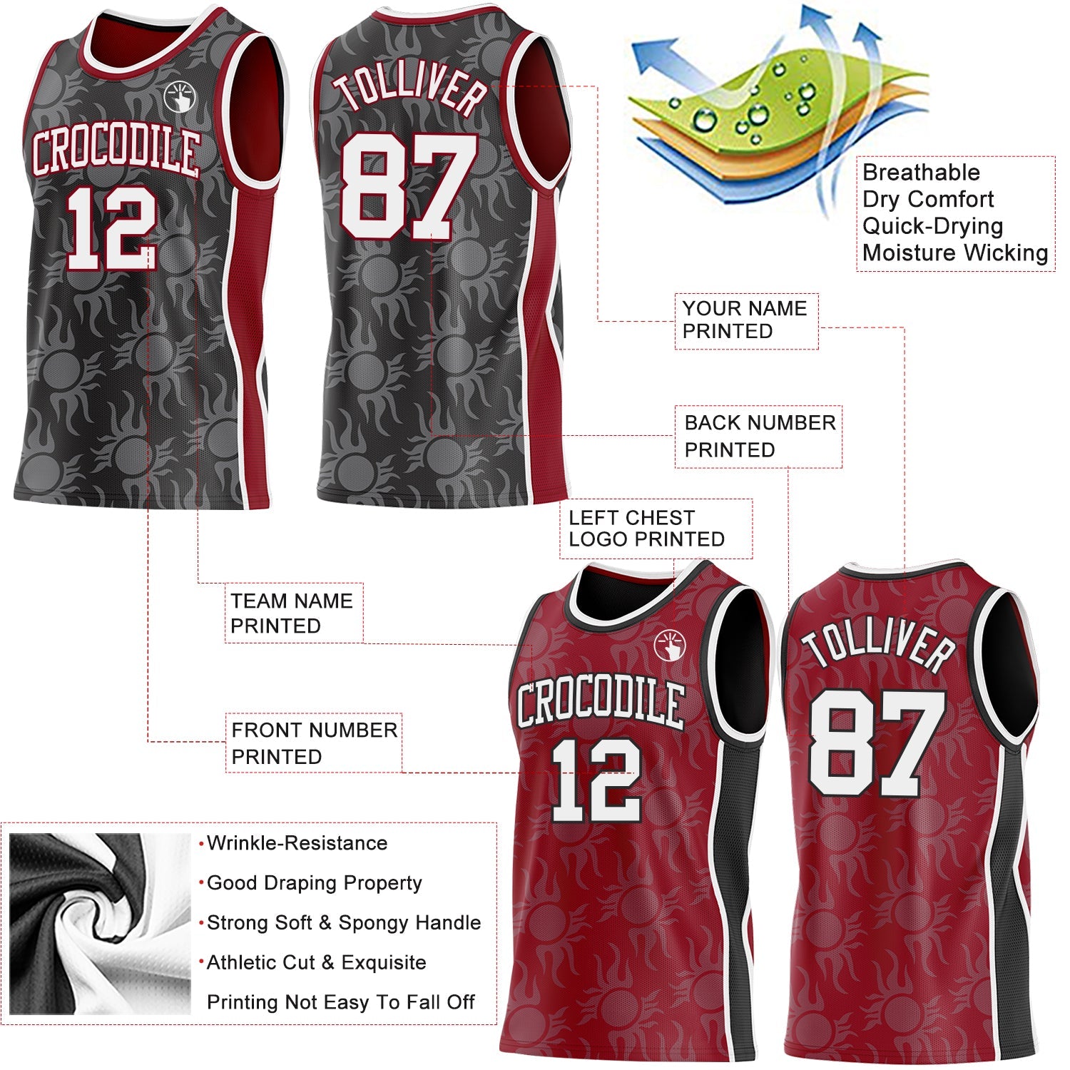 Custom Black White-Maroon Side Panel Stripe Sun Flame Reversible Double Side Sublimation Basketball Set Jersey