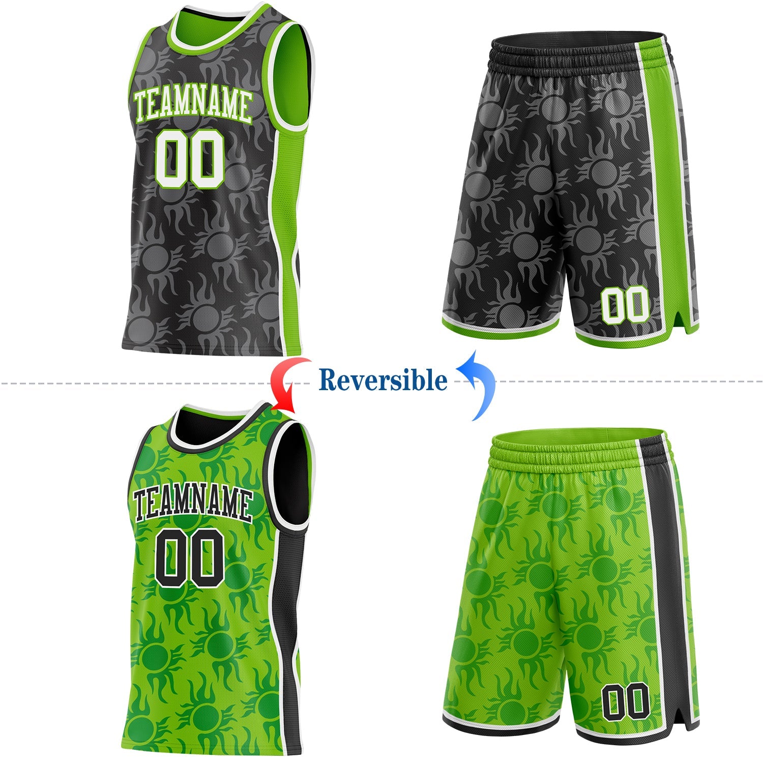 Custom Black White-Neon Green Side Panel Stripe Sun Flame Reversible Double Side Sublimation Basketball Set Jersey