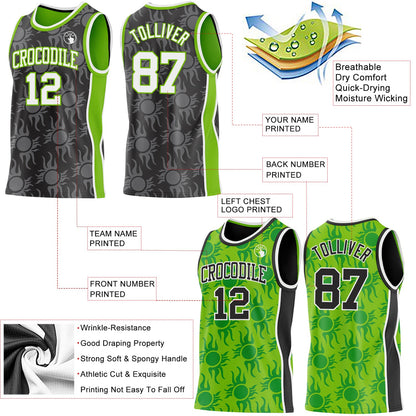 Custom Black White-Neon Green Side Panel Stripe Sun Flame Reversible Double Side Sublimation Basketball Set Jersey
