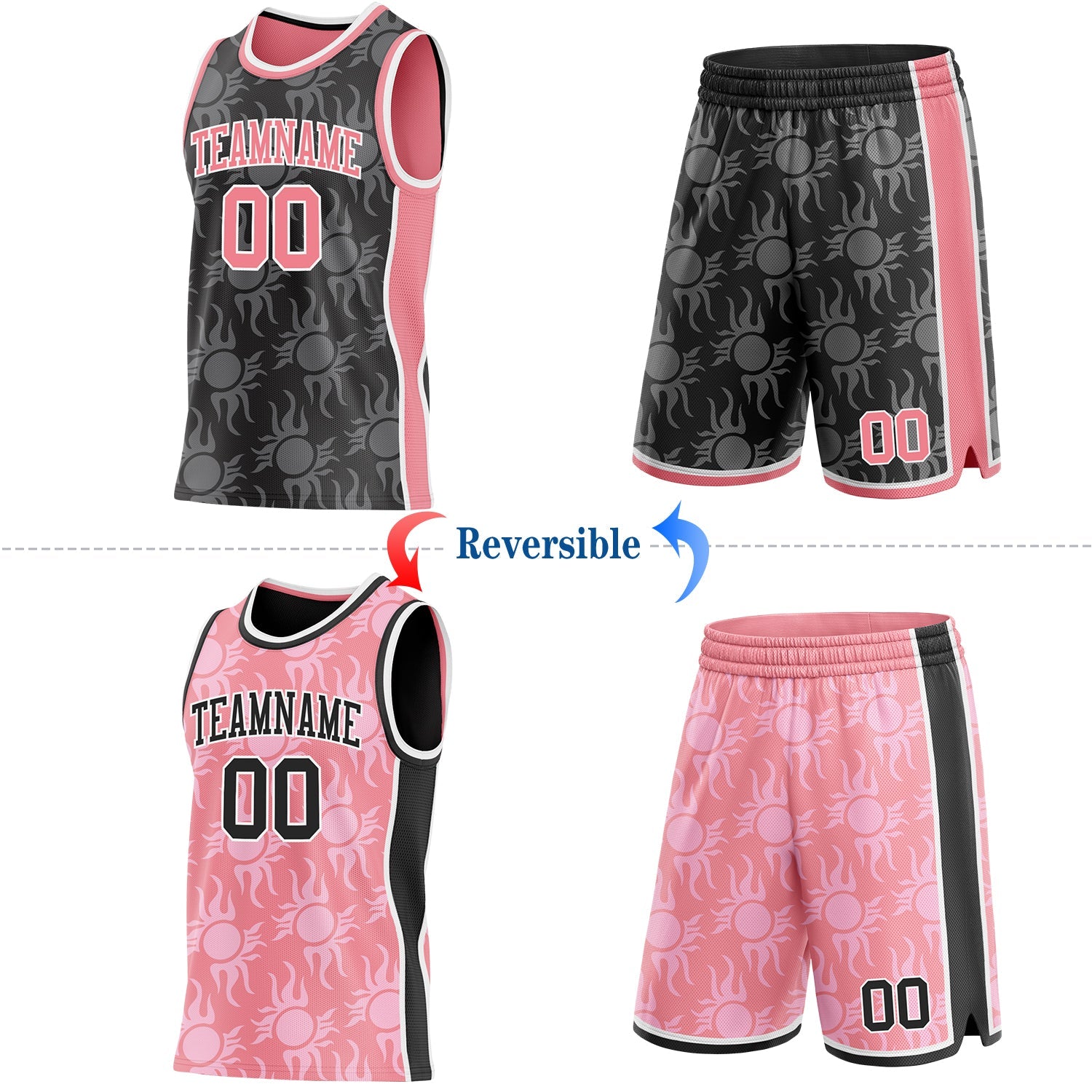 Custom Black Medium Pink-White Side Panel Stripe Sun Flame Reversible Double Side Sublimation Basketball Set Jersey