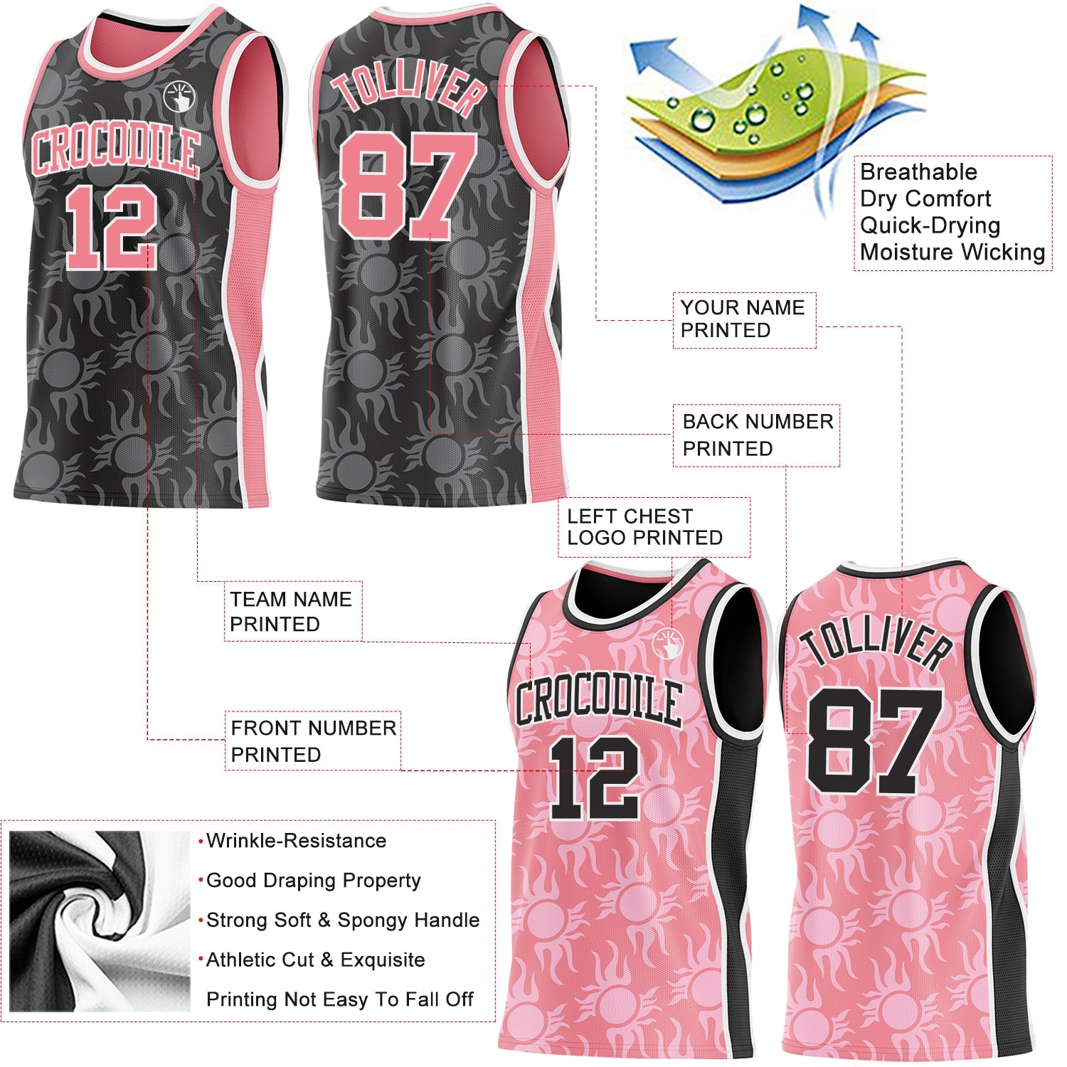 Custom Black Medium Pink-White Side Panel Stripe Sun Flame Reversible Double Side Sublimation Basketball Set Jersey