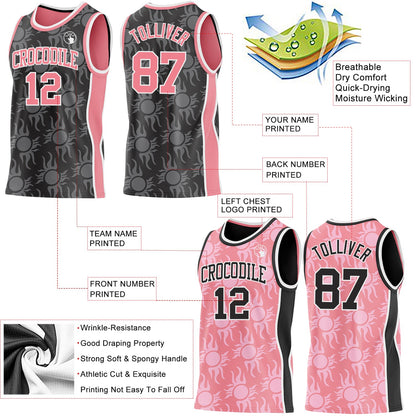 Custom Black Medium Pink-White Side Panel Stripe Sun Flame Reversible Double Side Sublimation Basketball Set Jersey