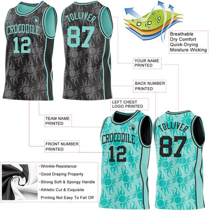 Custom Black-Ice Blue Side Panel Stripe Sun Flame Reversible Double Side Sublimation Basketball Set Jersey
