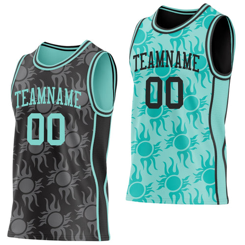 Custom Black-Ice Blue Side Panel Stripe Sun Flame Reversible Double Side Sublimation Basketball Set Jersey