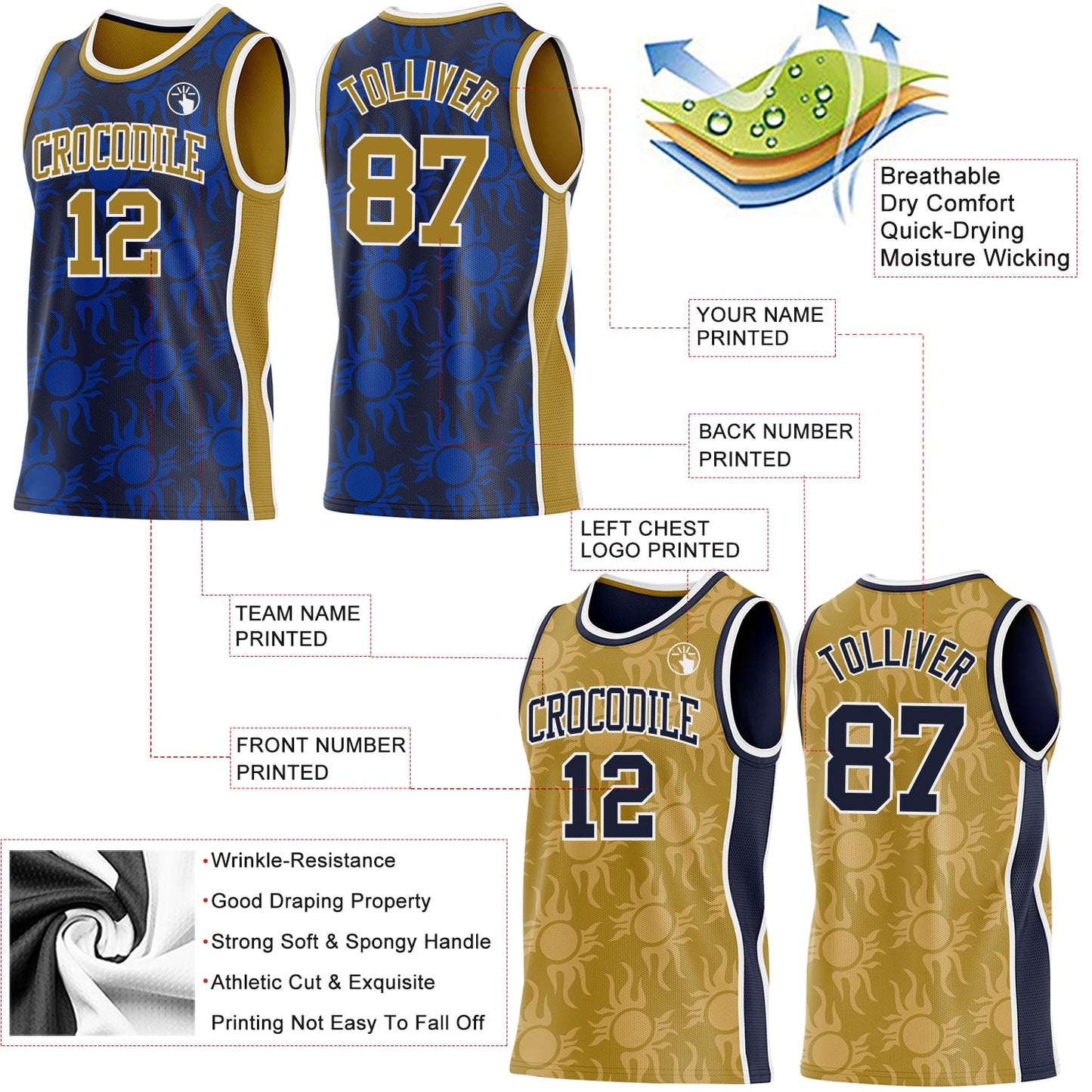 Custom Navy Old Gold-White Side Panel Stripe Sun Flame Reversible Double Side Sublimation Basketball Set Jersey