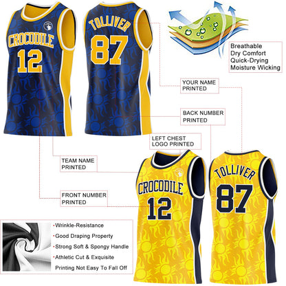 Custom Navy Gold-White Side Panel Stripe Sun Flame Reversible Double Side Sublimation Basketball Set Jersey