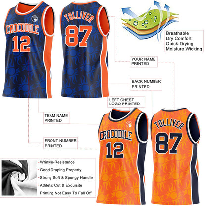 Custom Navy Orange-White Side Panel Stripe Sun Flame Reversible Double Side Sublimation Basketball Set Jersey