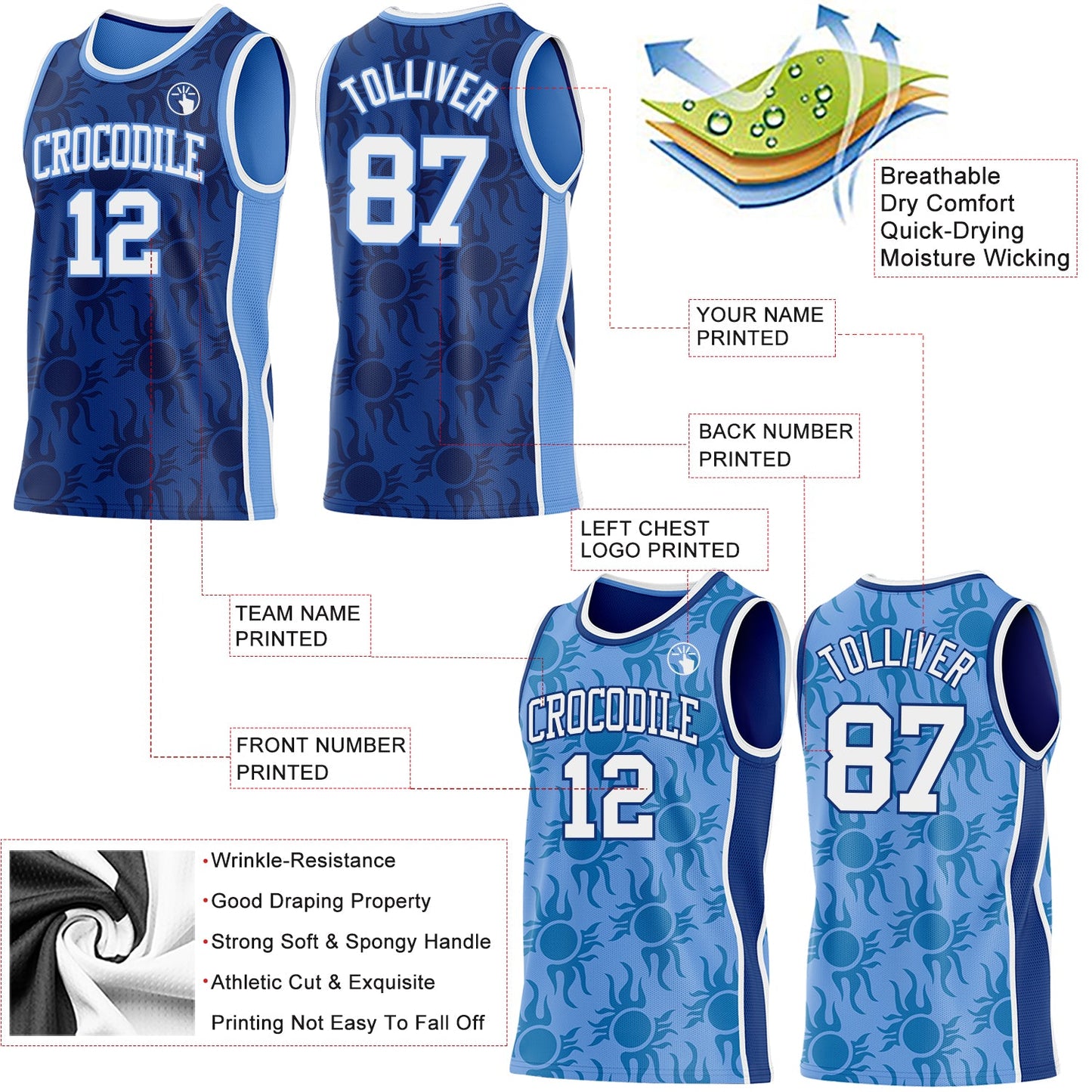 Custom Royal White-Light Blue Side Panel Stripe Sun Flame Reversible Double Side Sublimation Basketball Set Jersey