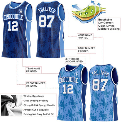 Custom Royal White-Light Blue Side Panel Stripe Sun Flame Reversible Double Side Sublimation Basketball Set Jersey