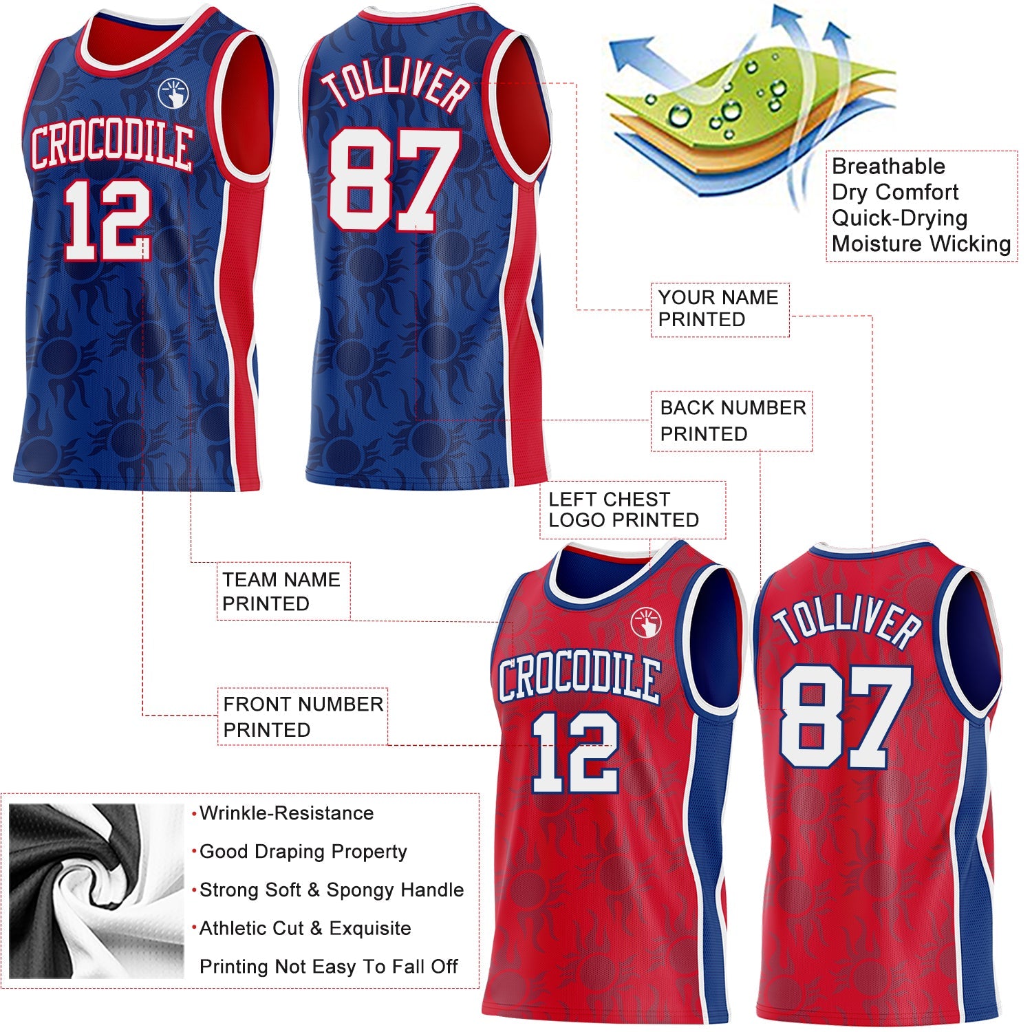 Custom Royal White-Red Side Panel Stripe Sun Flame Reversible Double Side Sublimation Basketball Set Jersey