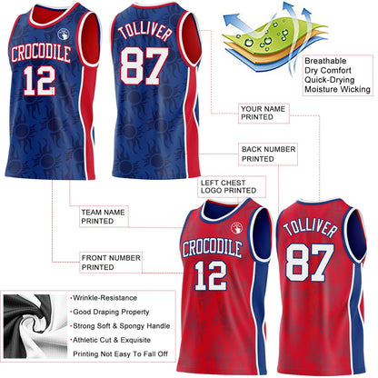 Custom Royal White-Red Side Panel Stripe Sun Flame Reversible Double Side Sublimation Basketball Set Jersey