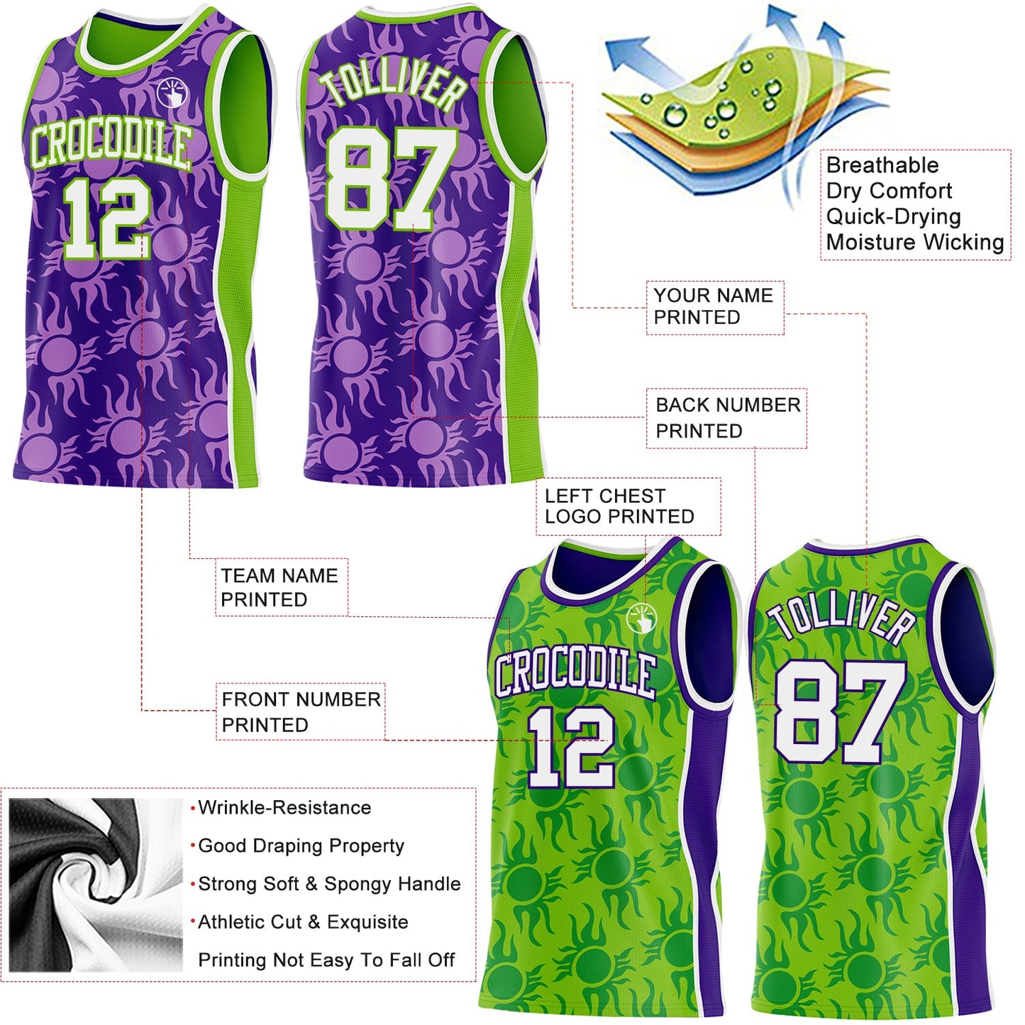 Custom Purple White-Neon Green Side Panel Stripe Sun Flame Reversible Double Side Sublimation Basketball Set Jersey