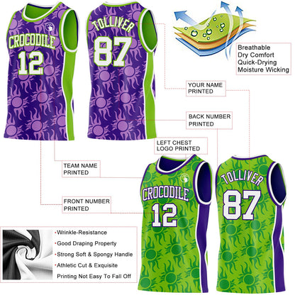 Custom Purple White-Neon Green Side Panel Stripe Sun Flame Reversible Double Side Sublimation Basketball Set Jersey